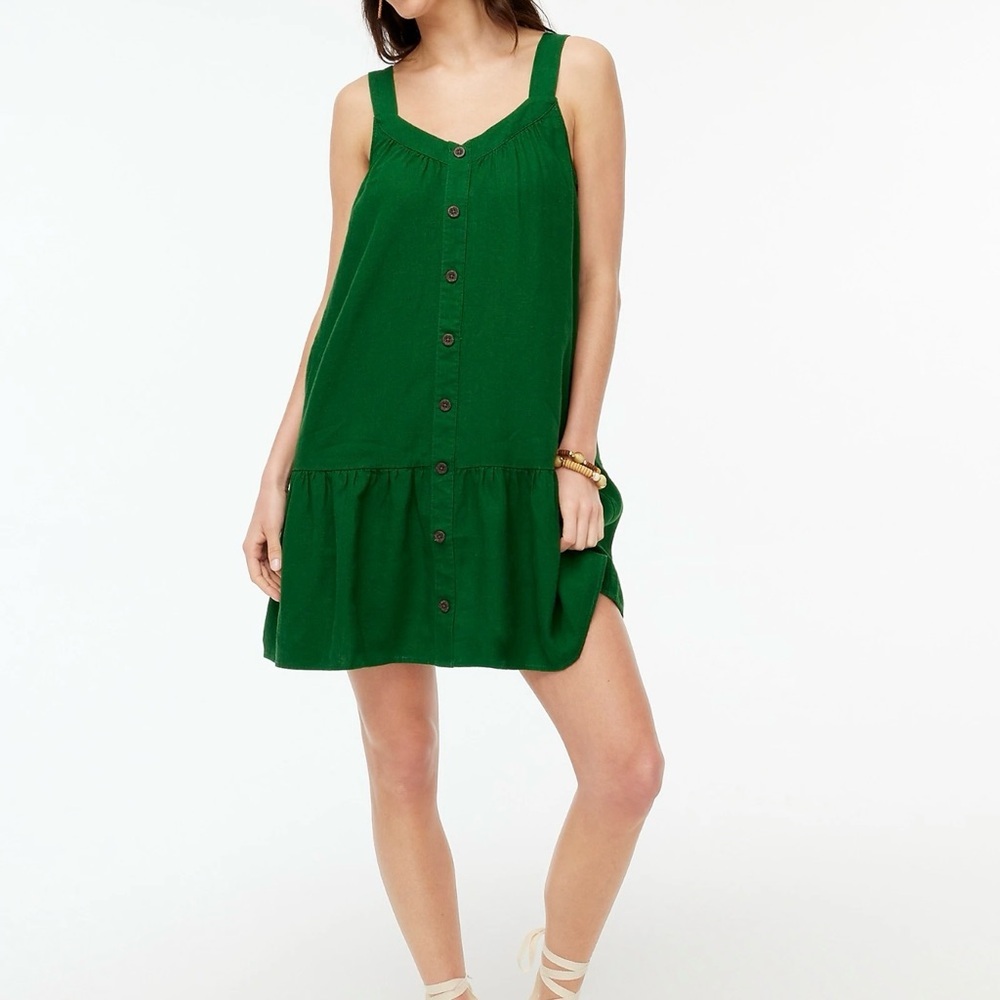 J.Crew Factory Green Linen Blend Button Front Mini Dress Size 8 Pockets Casual - Picture 2 of 11